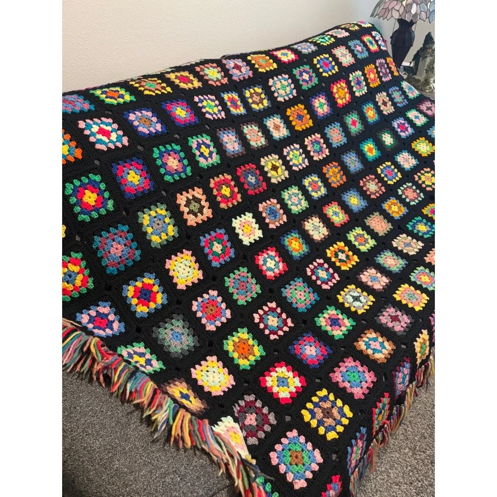Granny Square Afghan Hand Crochet Multi-Color Black Throw Blanket 55